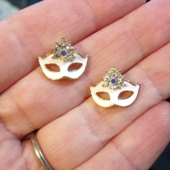 Phantom of the Opera Earrings Mask~White & AB~Masquerade Theater~Hypoallergenic - Picture 4 of 5
